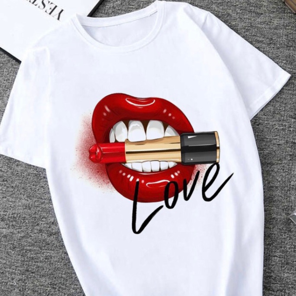 Women Top Tee Shirt Short Sleeve Casual Lips Love
